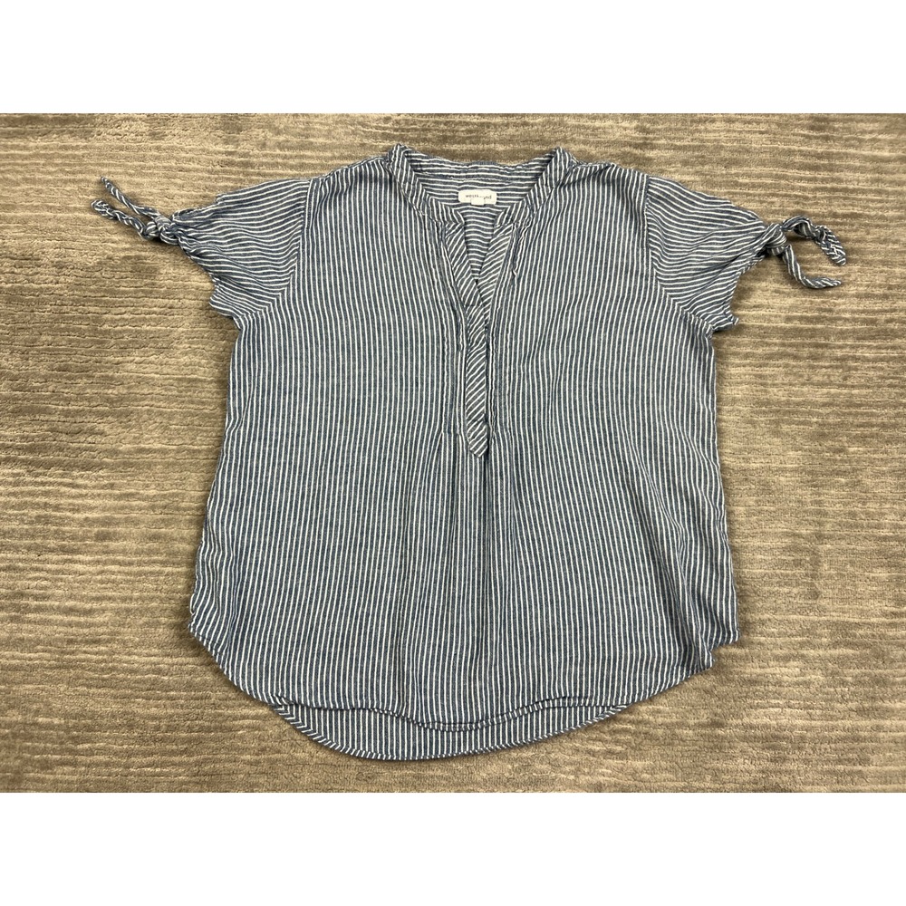 Westbound Blouse Womens L Blue White Striped Linen Blend Tie Sleeve Split Neck